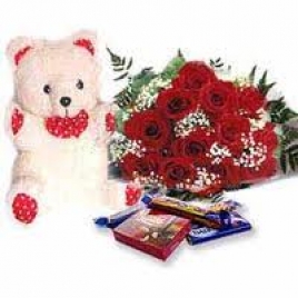 12 Red Roses With Teddy And Assorted Cadbury Bars